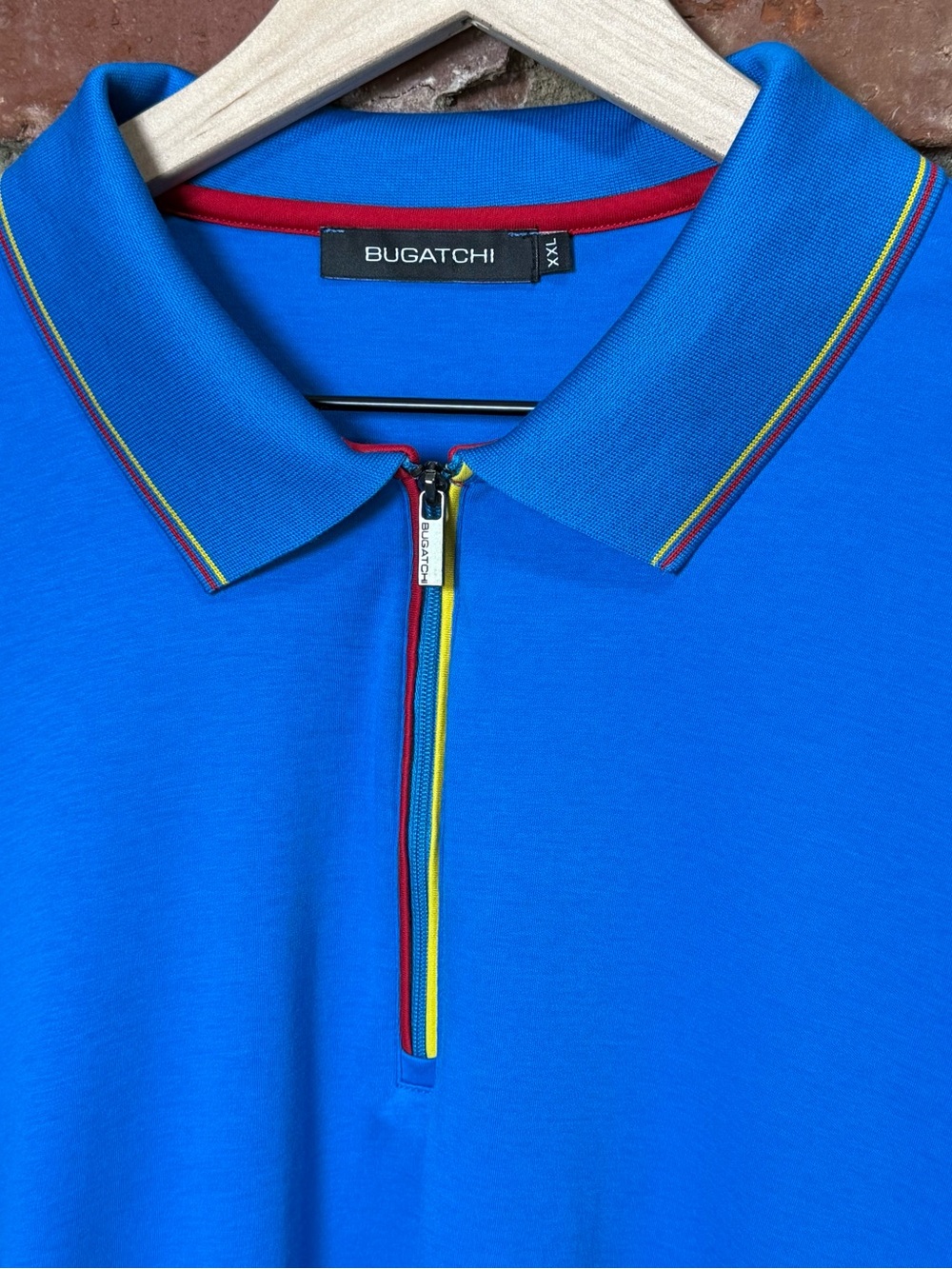 Bugatchi Polo Shirt Mens XXL Blue Red Solid Pima Cotton 1/4 Zip Trim Accent